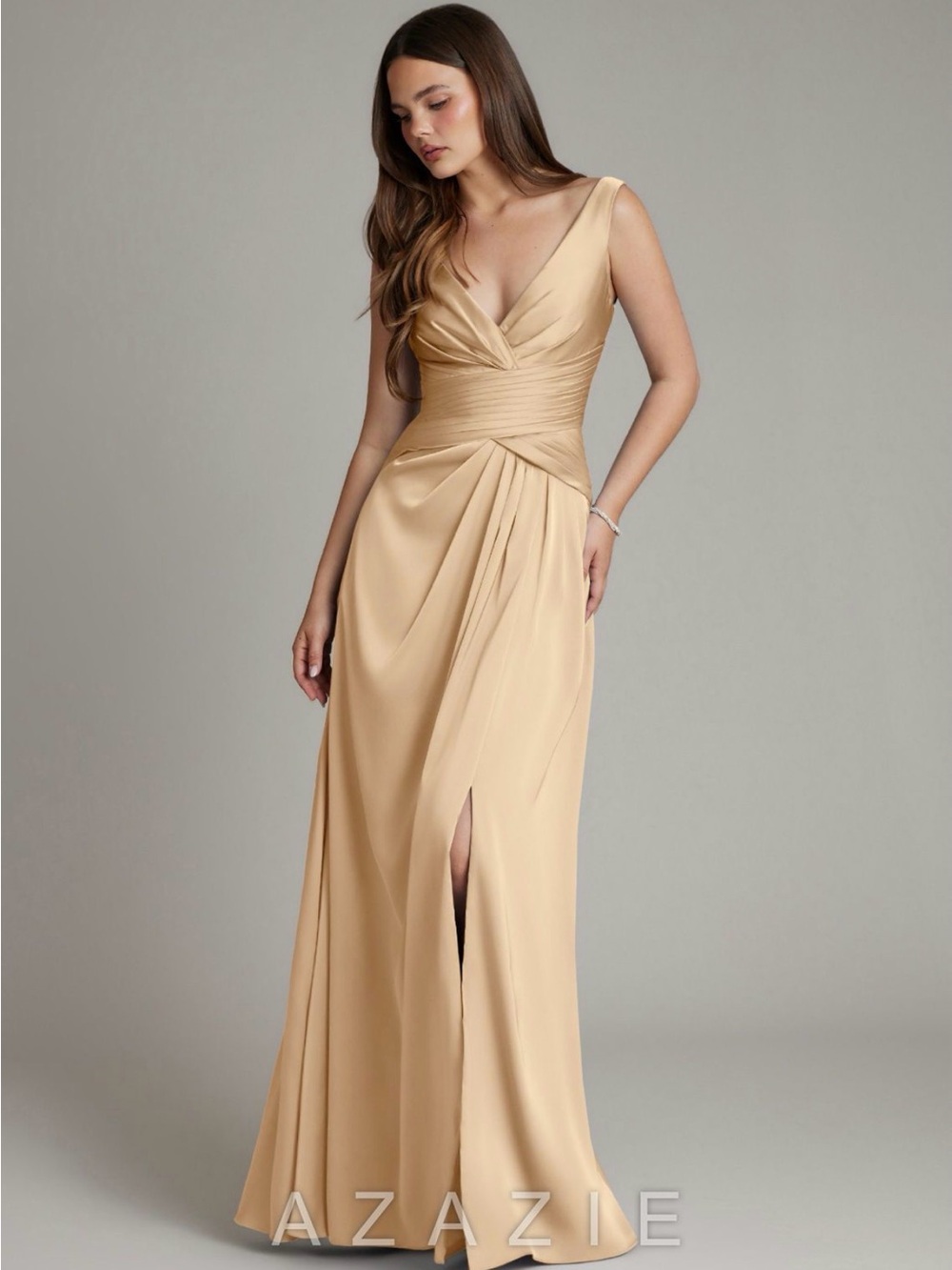 Azazie Champagne Pleated V-Neck Evening Maxi Dress